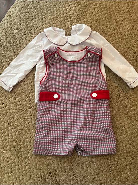 Cecil And Lou Other - Cecil and Lou Red Green Check Boys' Romper Set with White Peter Pan Collar Shirt